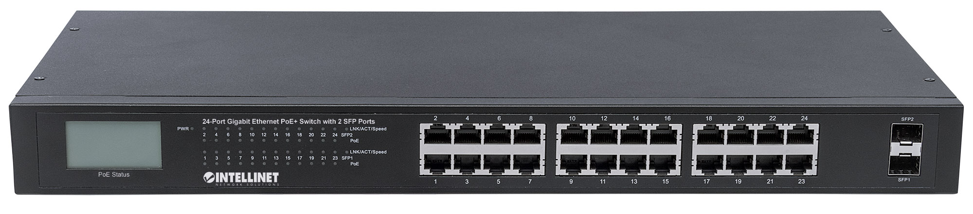 24+2 Port SFP Gigabit PoE+ Switch LCD, 19", Powerbudget 370 Watt