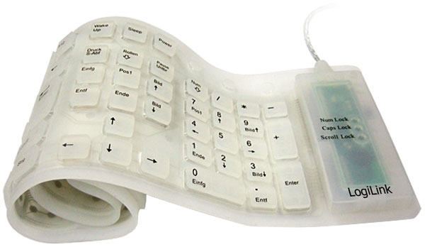 Tastatur flexibel, USB + PS/2 aufrollbar, Farbe: weiß