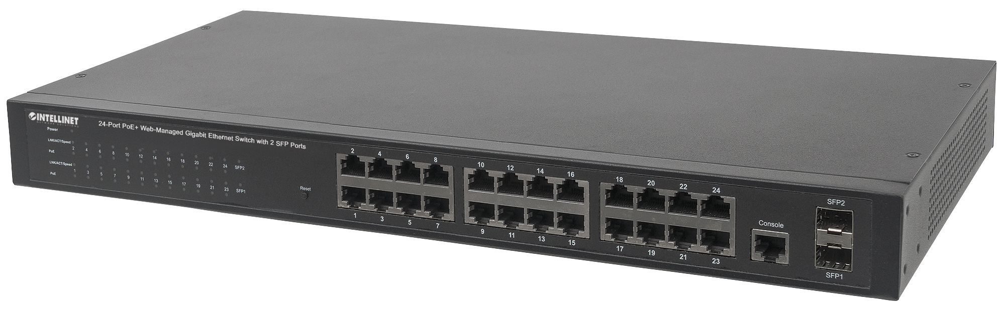 24+2 Port SFP Gigabit PoE+ Switch, 19", Powerbudget 240 Watt