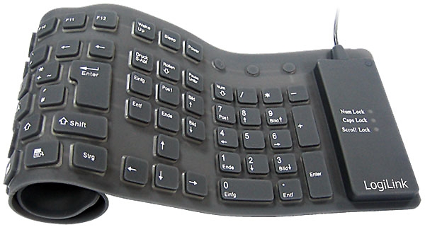Tastatur flexibel, Staub-/ Feuchtigkeitsgeschützt, aufrollbar, schwarz, USB + PS/2