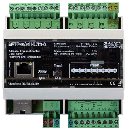 IP-Relais Steuerung 8-fach, Hutschiene, 16A, Eingang 230V, Anel NET-PwrCtrl HUT 2C HV