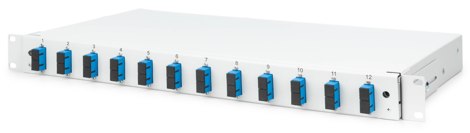 Ausziehbare Spleißbox, 1 HE, bestückt mit 12 x SC duplex, OS2