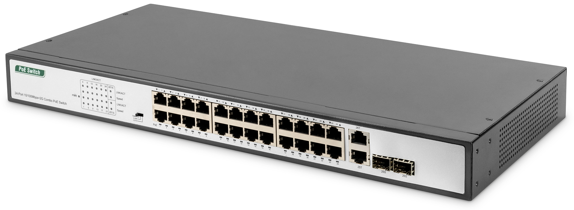 24+2 Port Fast Ethernet PoE+ Switch, 19", Powerbudget 370W