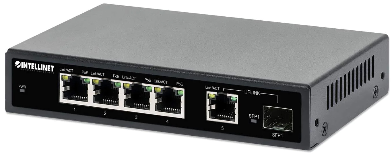 5+1 Port SFP Gigabit PoE+ Switch, Desktop, Powerbudget 90 Watt