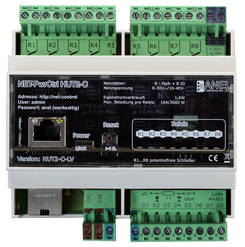 IP-Relais Steuerung 8-fach Hutschiene, 16A, Eingang 10-40V, Anel NET-PwrCtrl HUT 2C LV