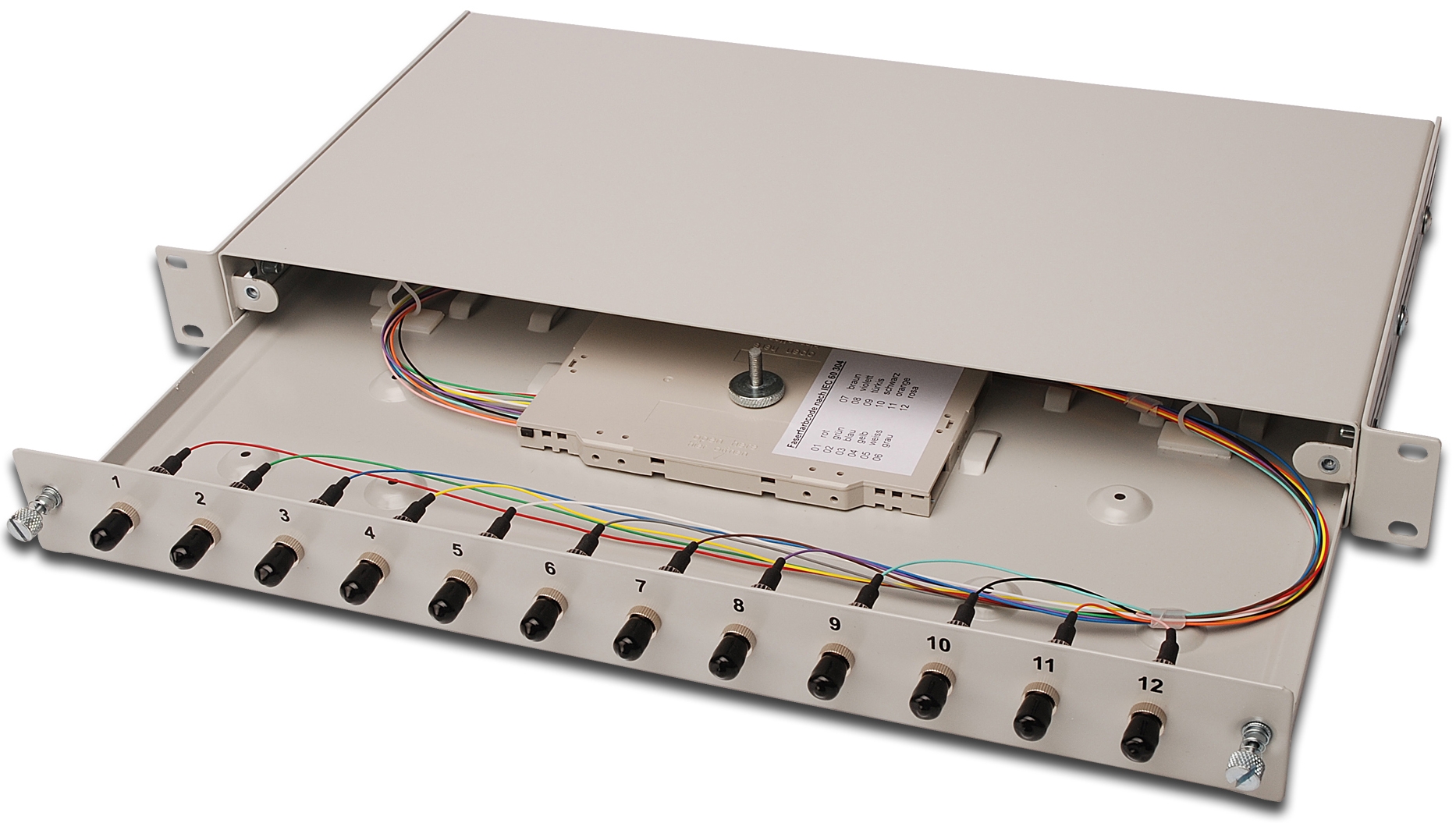 LWL Spleißbox 19" 12 x ST     1 HE, bestückt, ausziehbar OM3