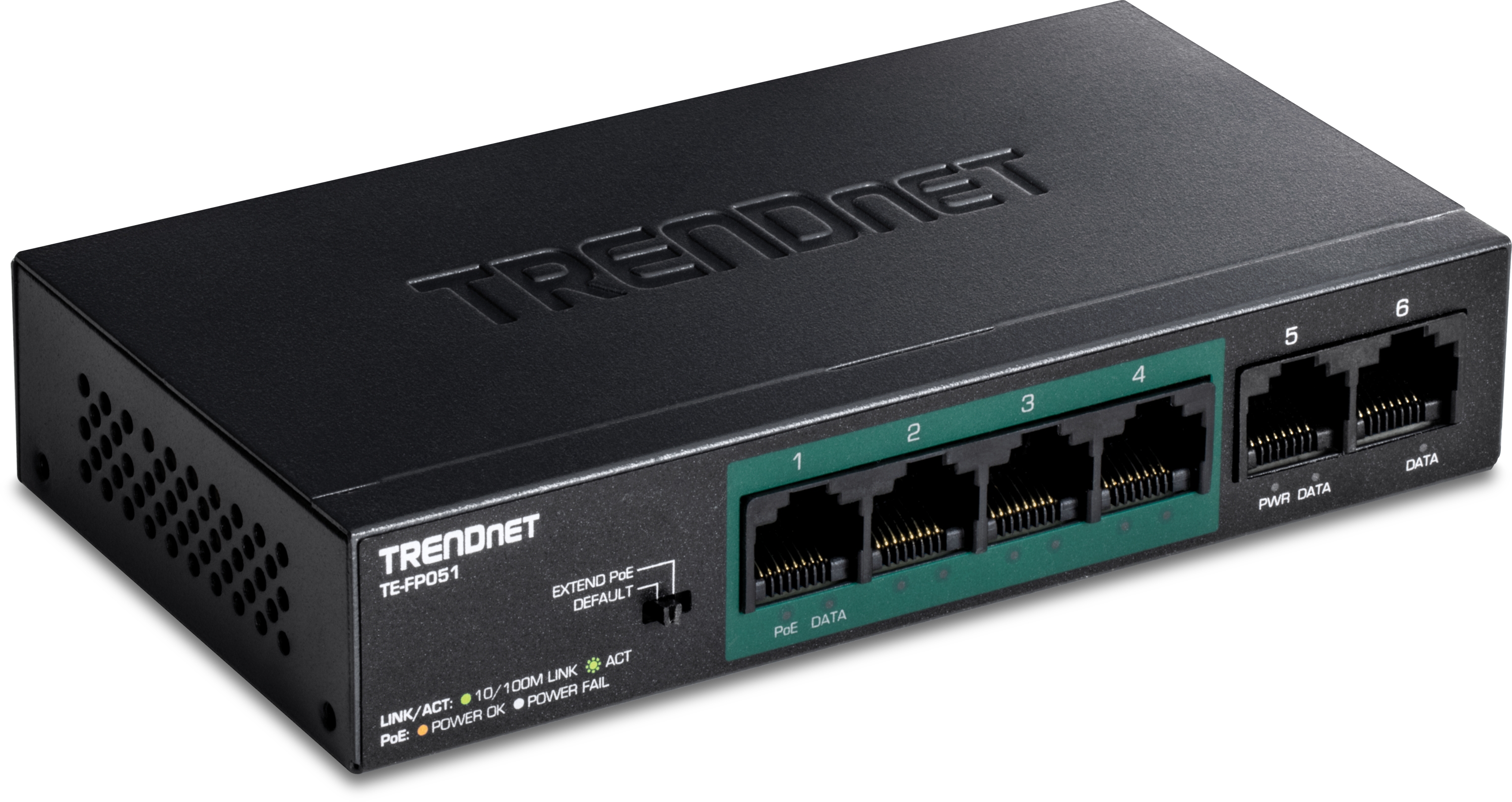 4+2 Port Fast Ethernet PoE+ Switch, TE-FP051, Long Range 250m, Powerbudget 60 Watt