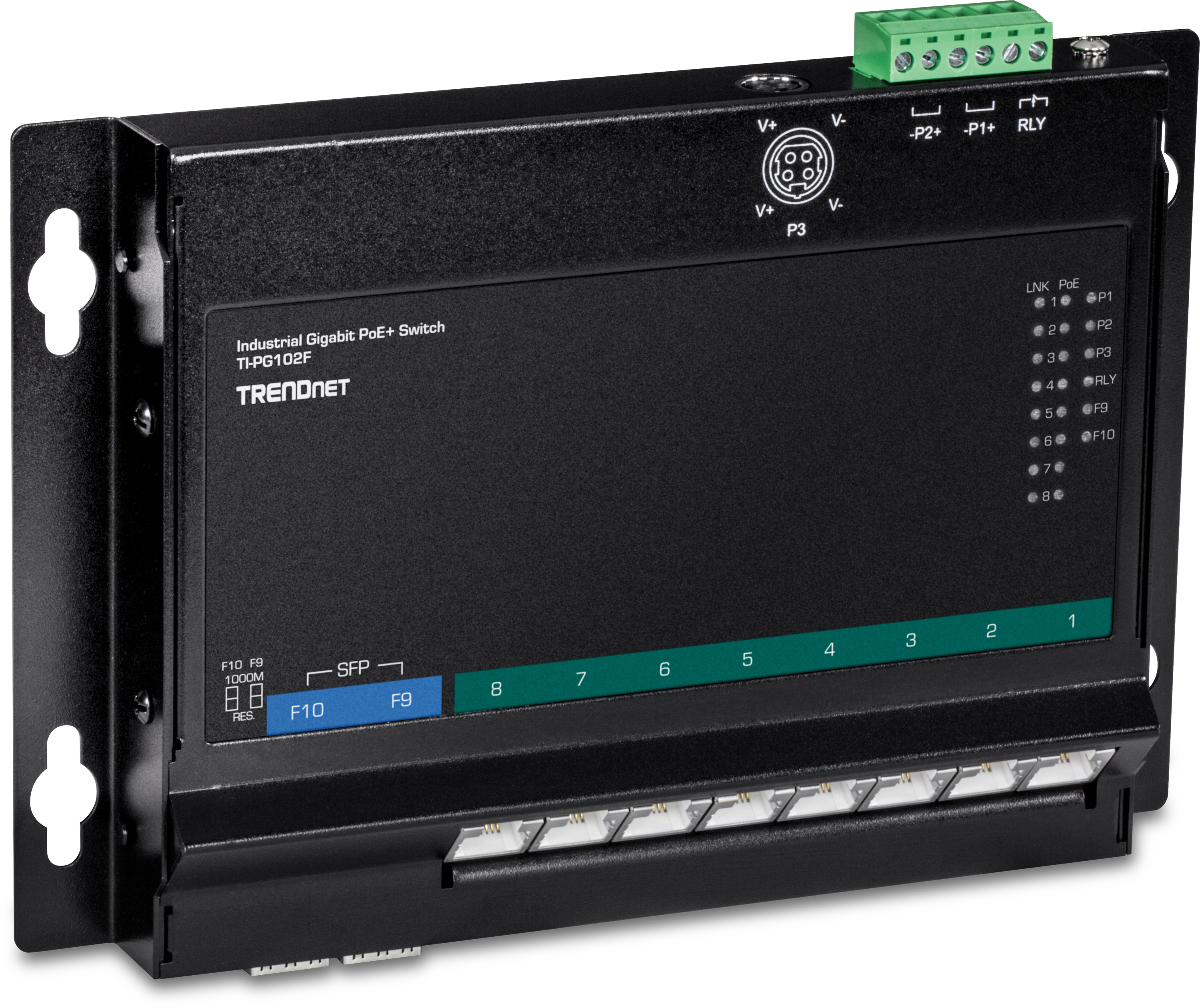8+2 Port SFP PoE+ Gigabit Switch, Wall-Mounting, Powerbudget 240 Watt, TRENDnet TI-PG102F