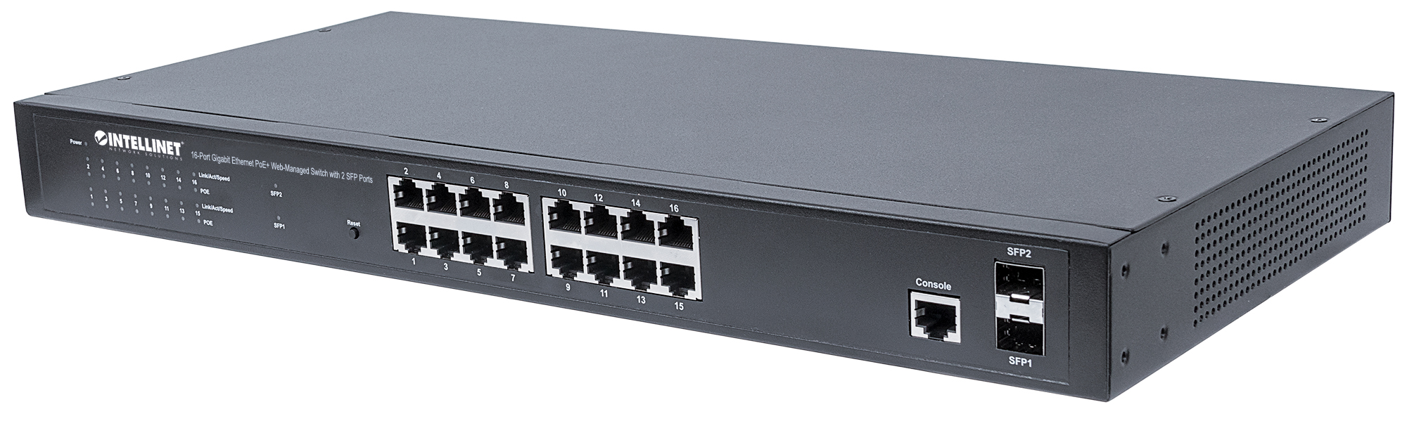 16+2 Port SFP Gigabit PoE+ Switch, 19", Powerbudget 220 Watt