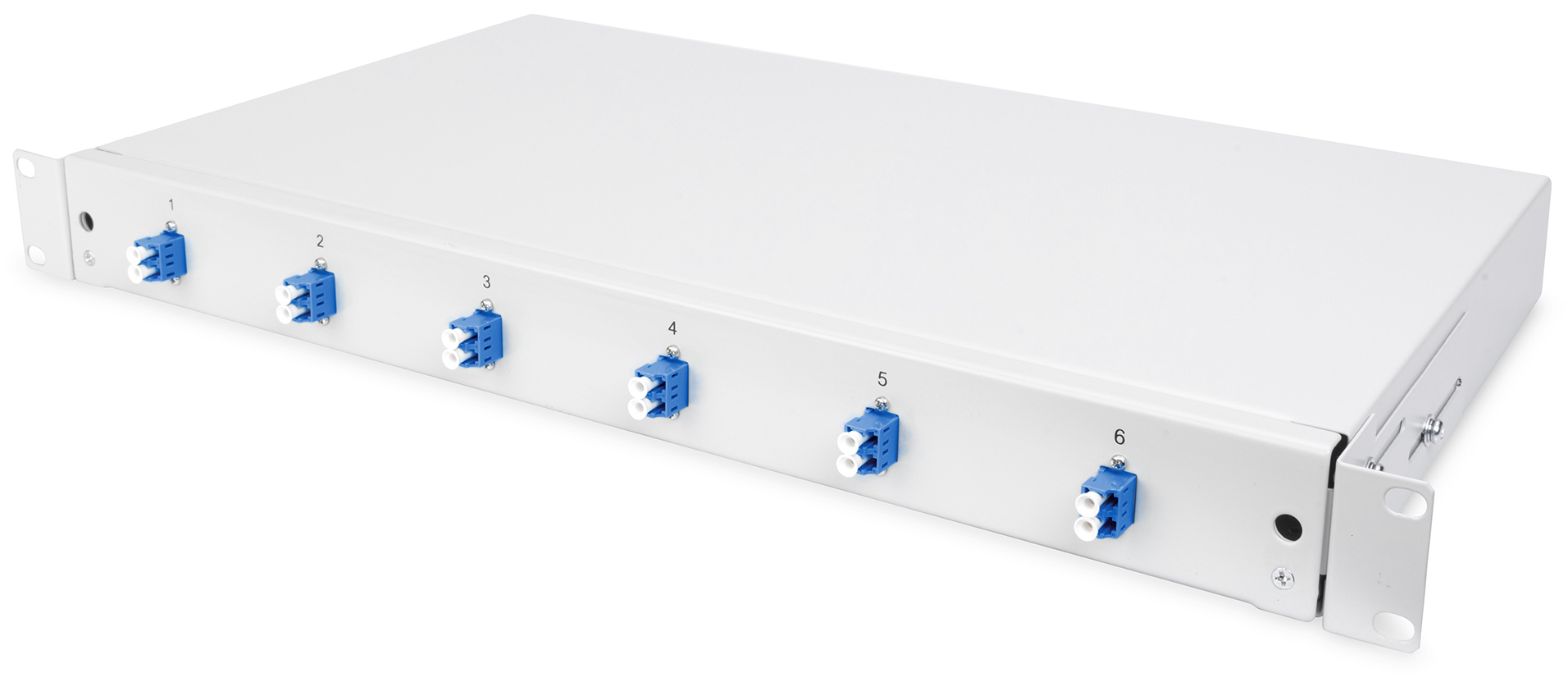 Ausziehbare Spleißbox, 1 HE, bestückt mit 6 x LC duplex, OS2