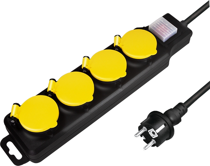 Steckdosenleiste 4-fach + Schalter, 4x CEE 7/3, Outdoor, 1,5 m, schwarz/gelb