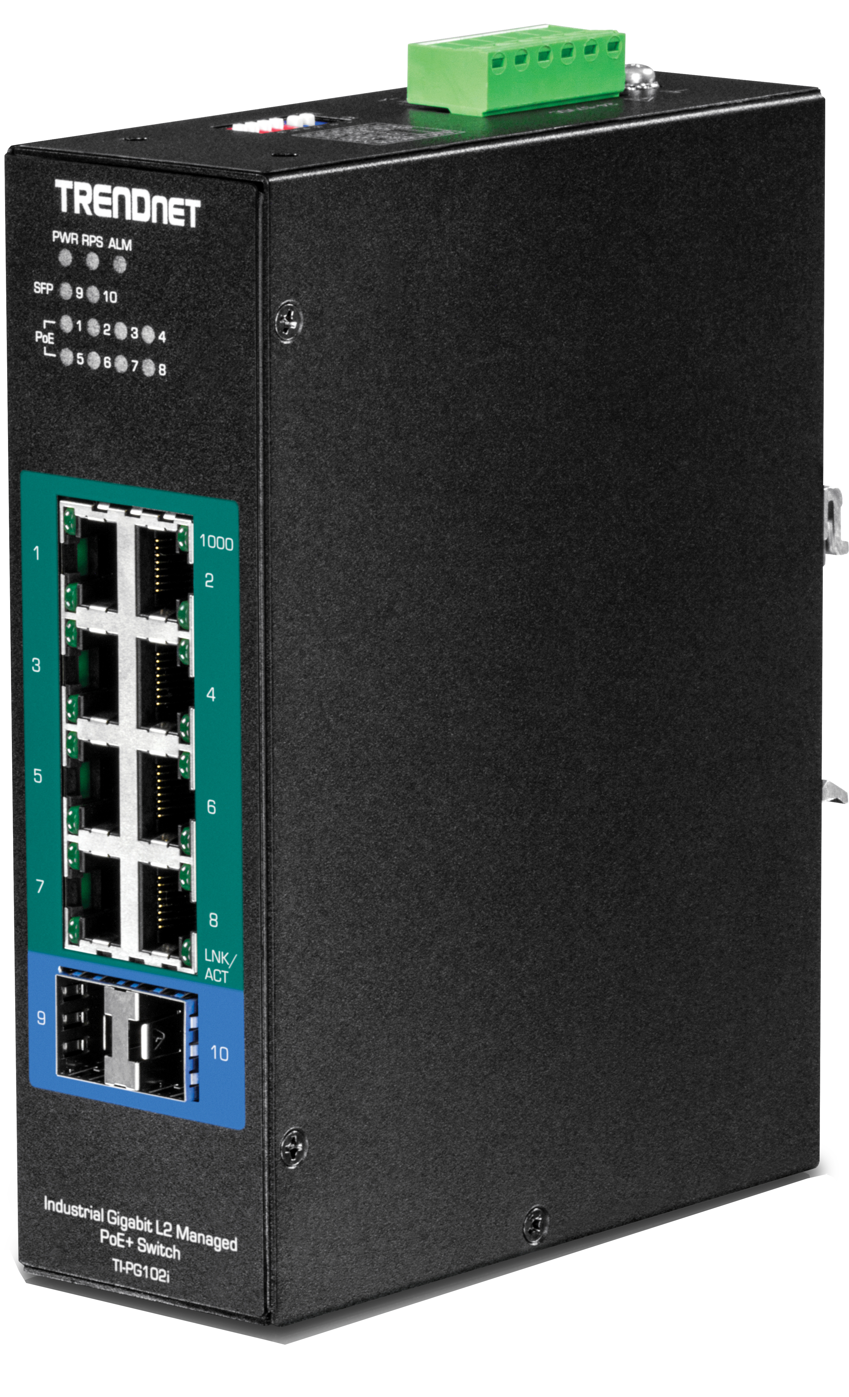 8+2 Port SFP Gigabit Industrie PoE+ Switch, managed Layer2, IP30, TI-PG102i